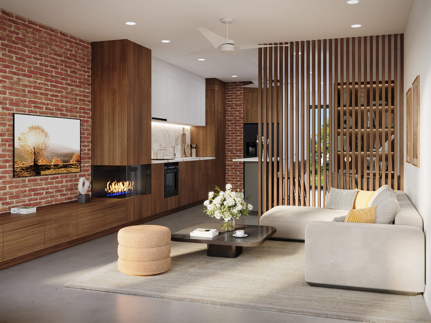 Living and kitchen interior render with brick and timber